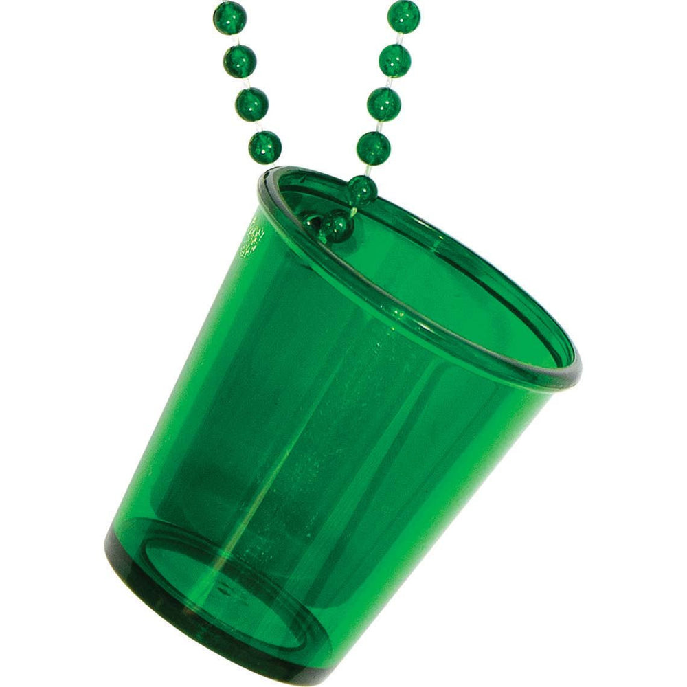 2 oz Green Shamrocks Plastic Shot Glass with 33" Bead Necklace 2 PackShopAtDean