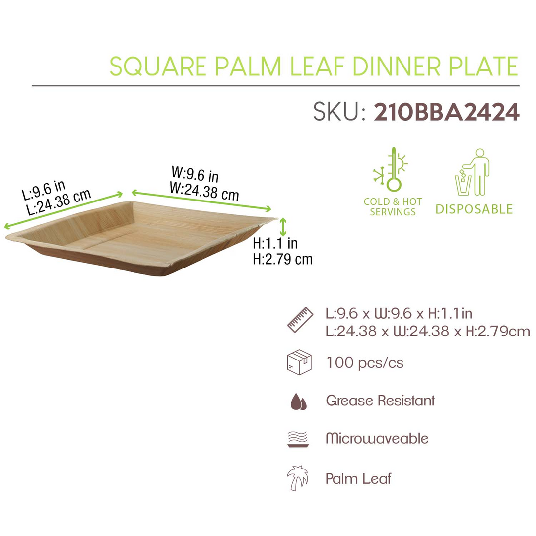 PacknWood 210BBA2424 10" Square Palm Leaf Dinner Plate