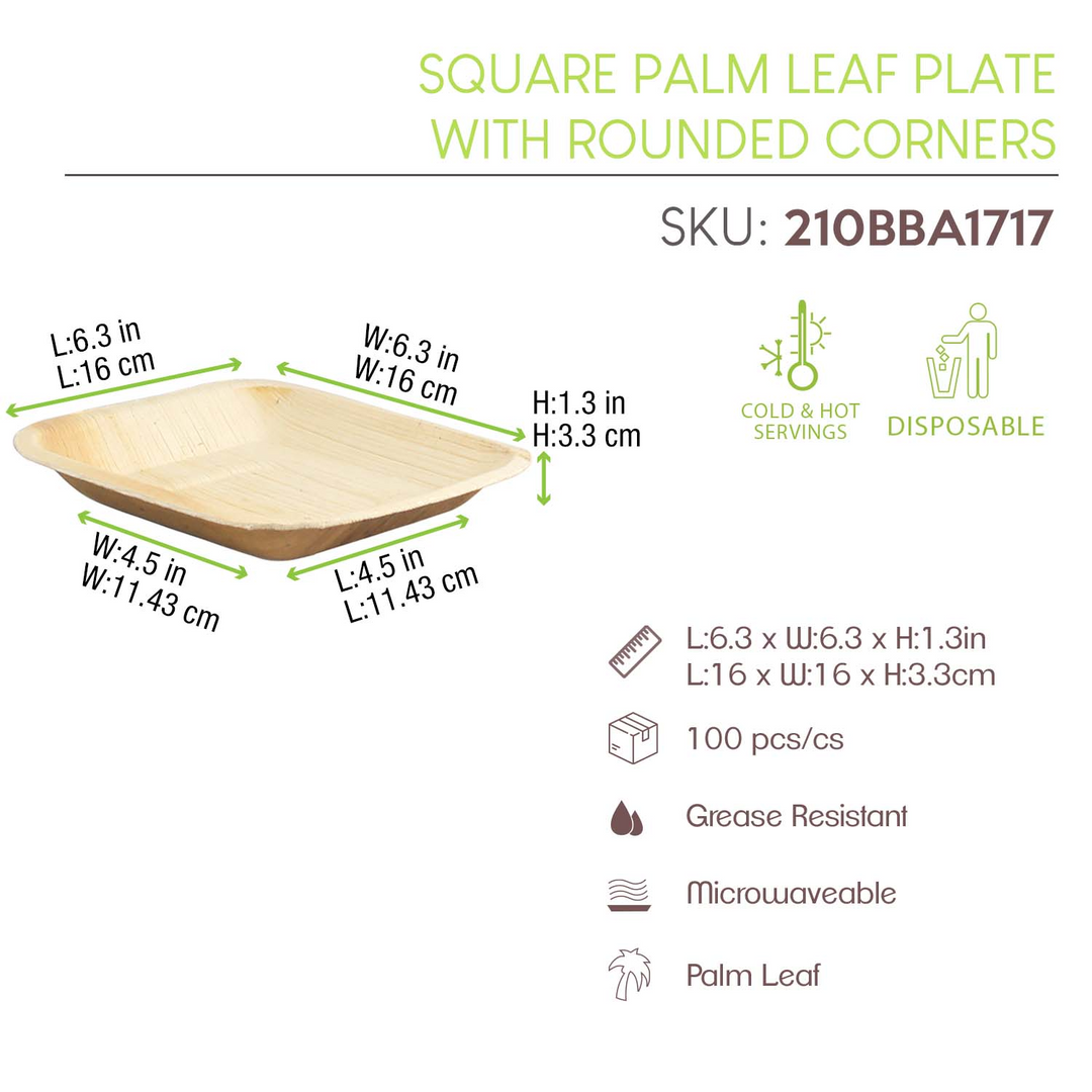 PacknWood 210BBA1717 6" Square Palm Leaf Plate with Rounded Corners