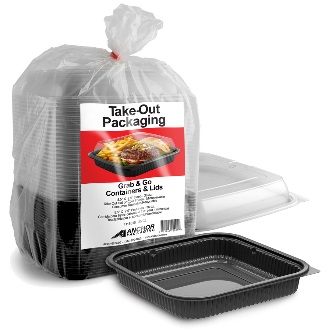 Anchor Packaging 4118510 Culinary Squares 8.5" 36 oz Black and Clear Non-Hinged Container