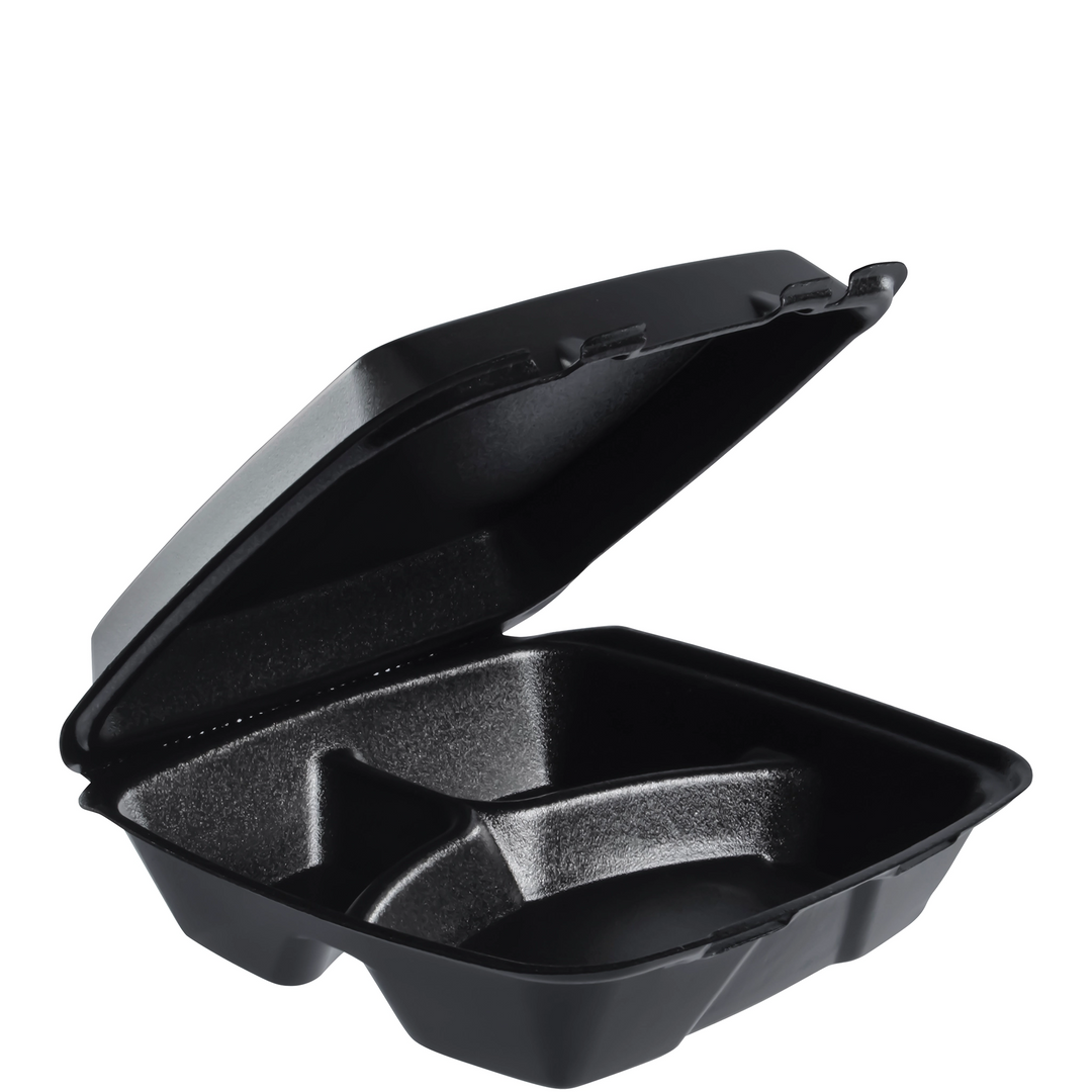 Dart 90HTPFB3R 9X9 Black Foam 3 Compartment Carryout with Removeable Lid