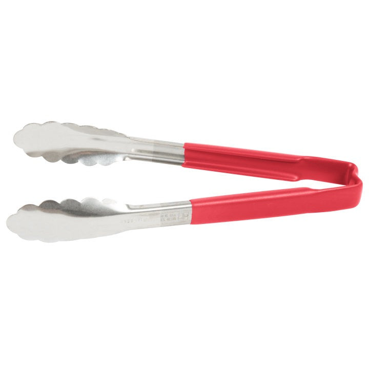 Vollrath 4780940 Stainless Steel One-Piece Scalloped Tongs with Red Kool-Touch Handle 9.5"