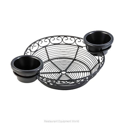 Tablecraft BK271182 Mediterranean Collection Black Powder Coated Metal Basket with 2 Ramekin Holders 11" x 8" x 2"